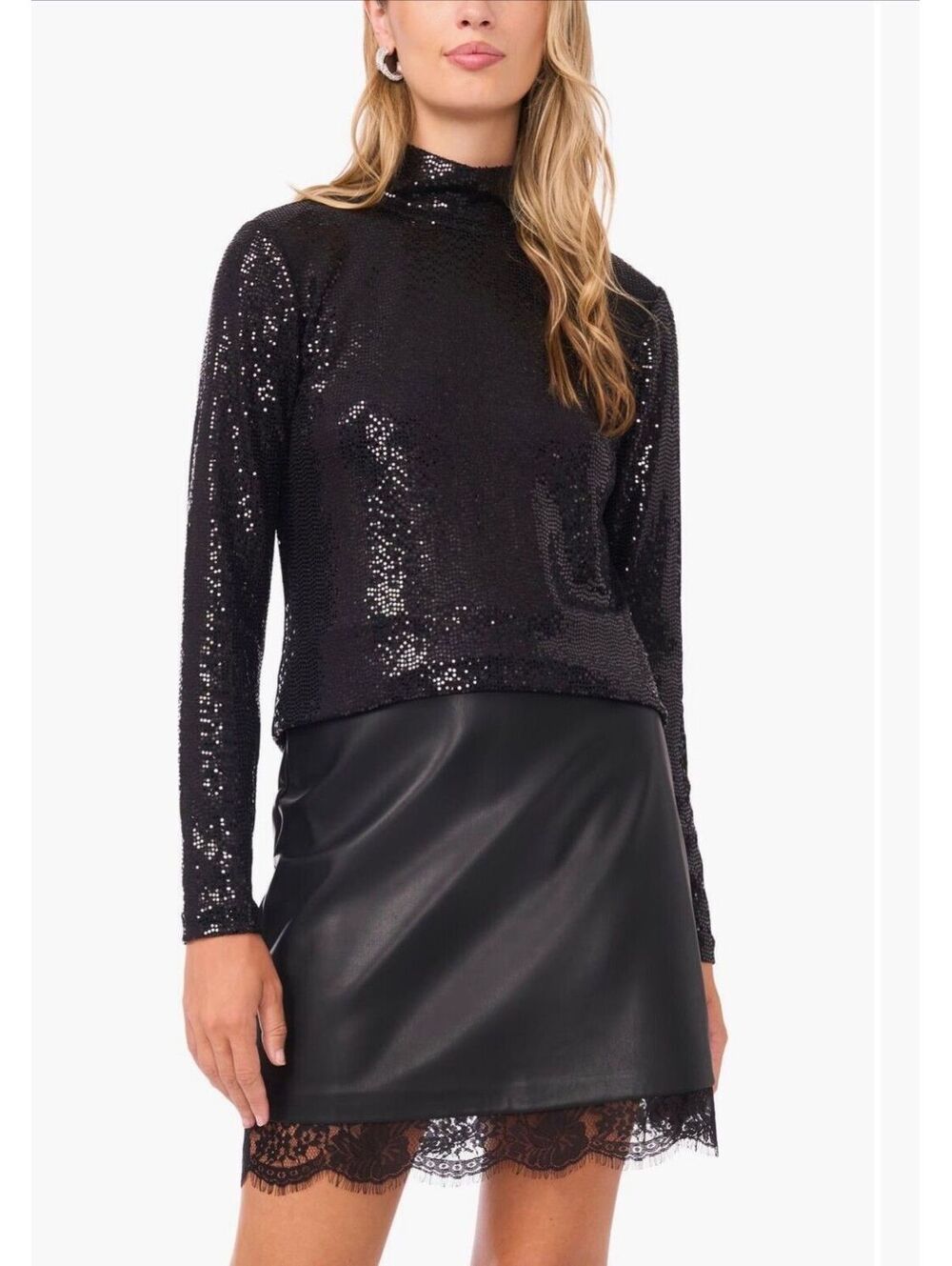 Vince Camuto Black Sequin Mock‑Neck Top Party Holiday Glam (XL, NWT)